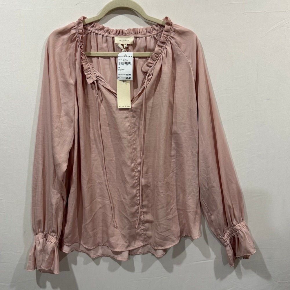 Mello Day Blush Pink Ruffle Tie Neck Peasant Blouse 1X CKT171570-PL